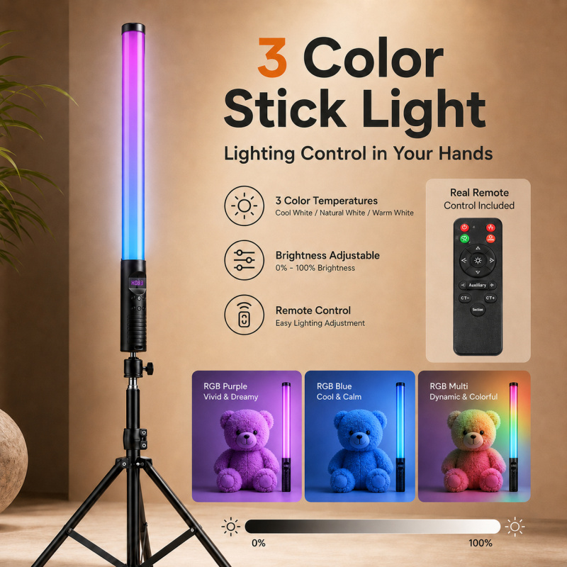 Photography Lighting For Indoor - RGB Handheld Video Light Wand, Portable